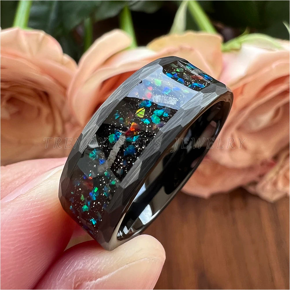 Trendybands Jewelry 8mm Black Hammered Tungsten Ring for Men Women Engagement Wedding Band Real Meteorite Galaxy Opal Inlay